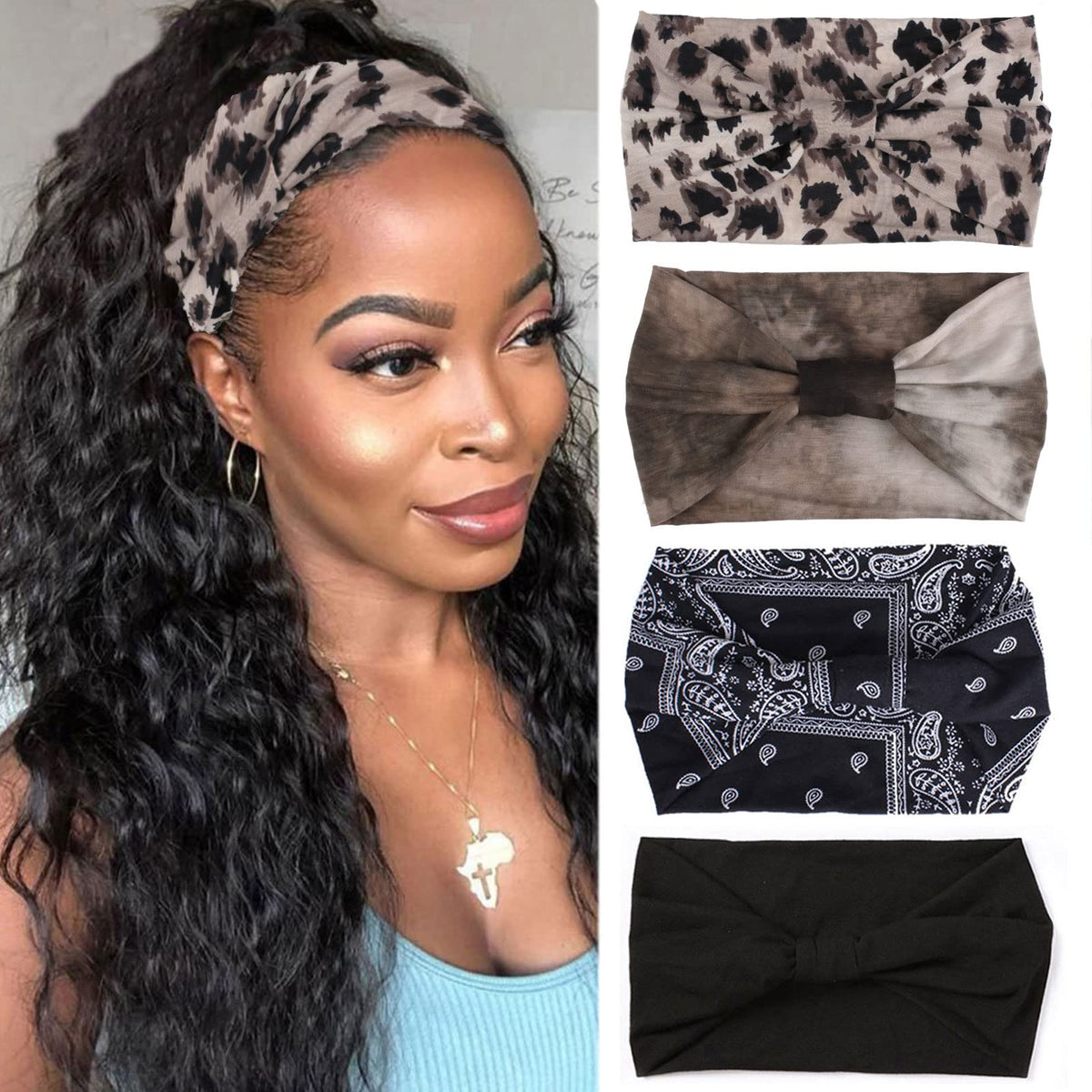 XTREND 4 Packs Wide Headband Fashion Headscarf Bohemian Style Elastic Knotted Non-slip Headband Suitable For Black Women Outdoor Yoga Sports Printed Hair Accessories
