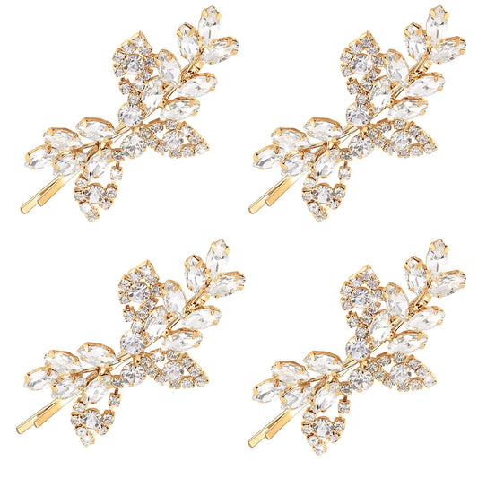 Waydress 4 Pcs Rhinestone Hair Clip Wedding Bridal Hair Barrette Decorative Leaf Crystal Side Hairpin Accessories for Women(Rhinestone Style,Gold)