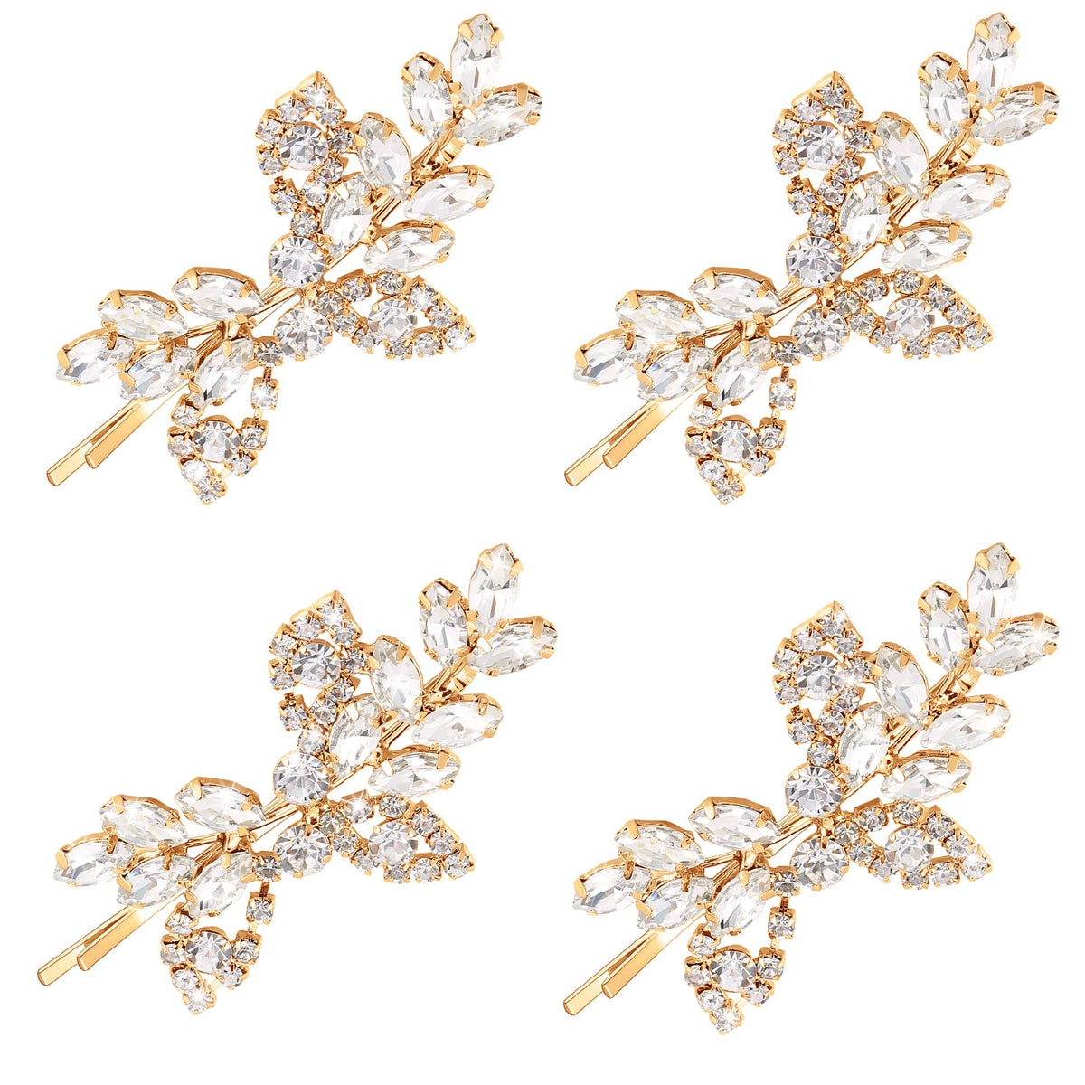 Waydress 4 Pcs Rhinestone Hair Clip Wedding Bridal Hair Barrette Decorative Leaf Crystal Side Hairpin Accessories for Women(Rhinestone Style,Gold)