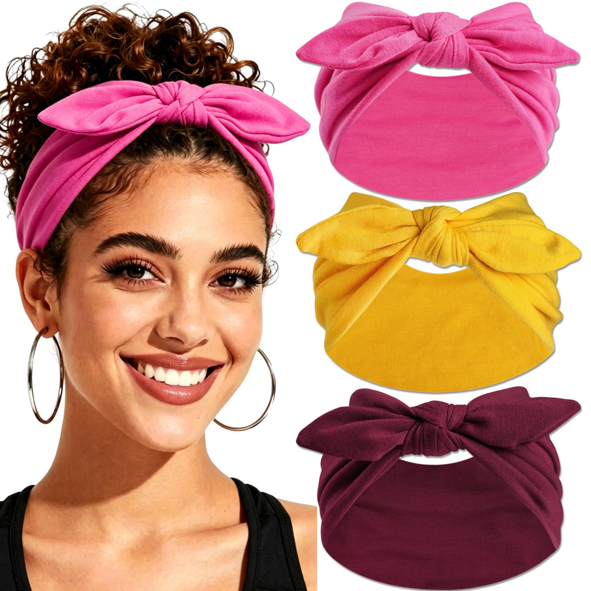 3Pack Black Bow Headbands for Women Boho Wide Head Bands for Women's Hair Valentines Non Slip Elastic Hair Bands Soft Headwraps Workout Yoga Turban Hair Accessories