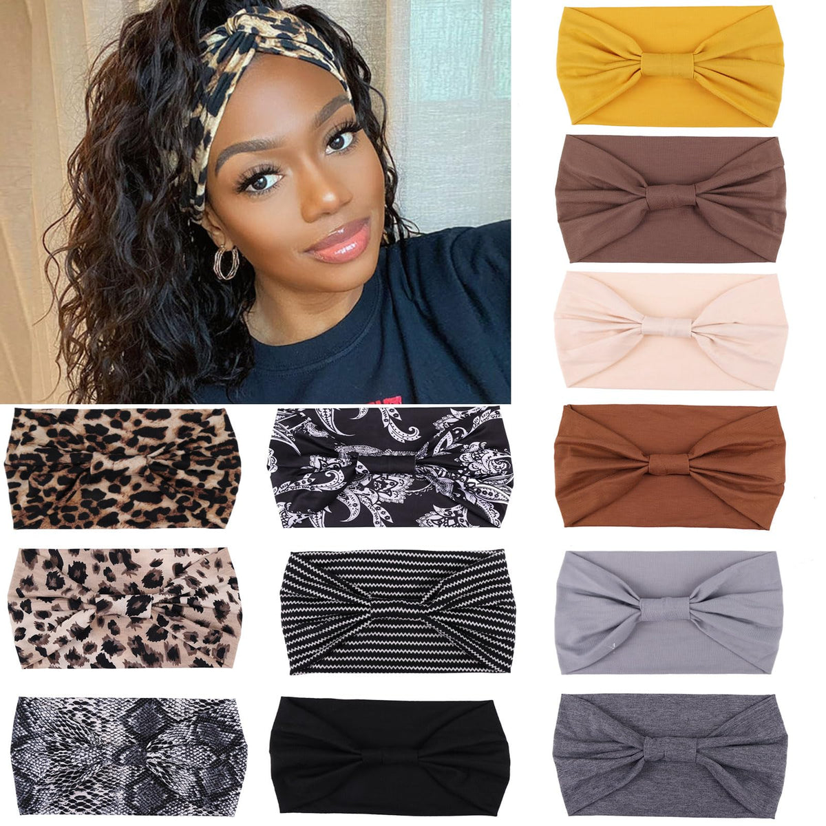 XTREND 4 Packs Wide Headband Fashion Headscarf Bohemian Style Elastic Knotted Non-slip Headband Suitable For Black Women Outdoor Yoga Sports Printed Hair Accessories