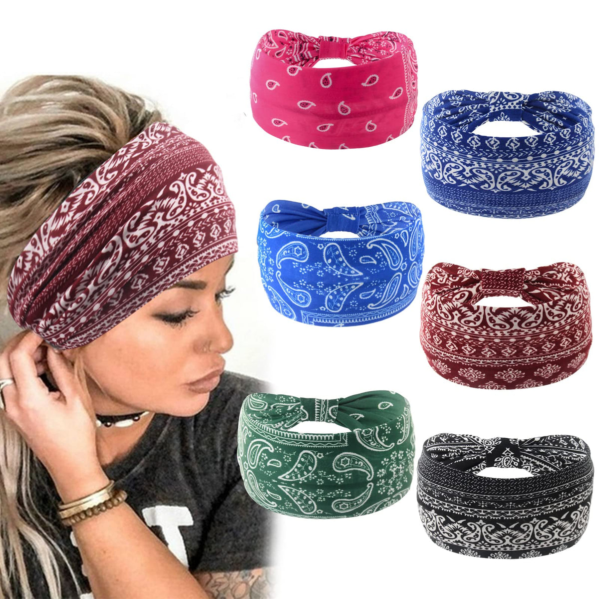 Yeshan Wide Headbands for Women Non Slip Boho Headband Elastic Tie dye Yoga Workout Sweat Bands Running Sport Hair bands,Pack of 6