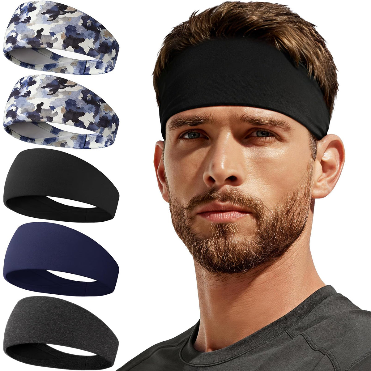 Sweat Band, 5 Pack Headband Moisture Wicking for Running Sports
