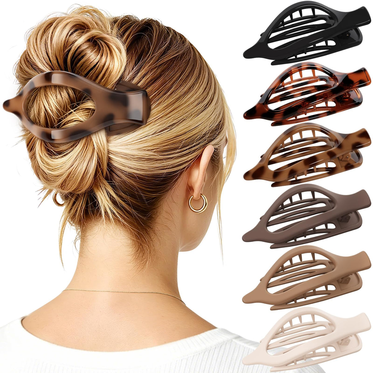 4 PCS Large Flat Hair Clips for Women Girls, French Concord Lay Down Claw Clips for Thick Thin Hair, Comfortable Curved Flat Clip, Leopard Print Stylish Strong Hold Hair Accessories, Tortoise