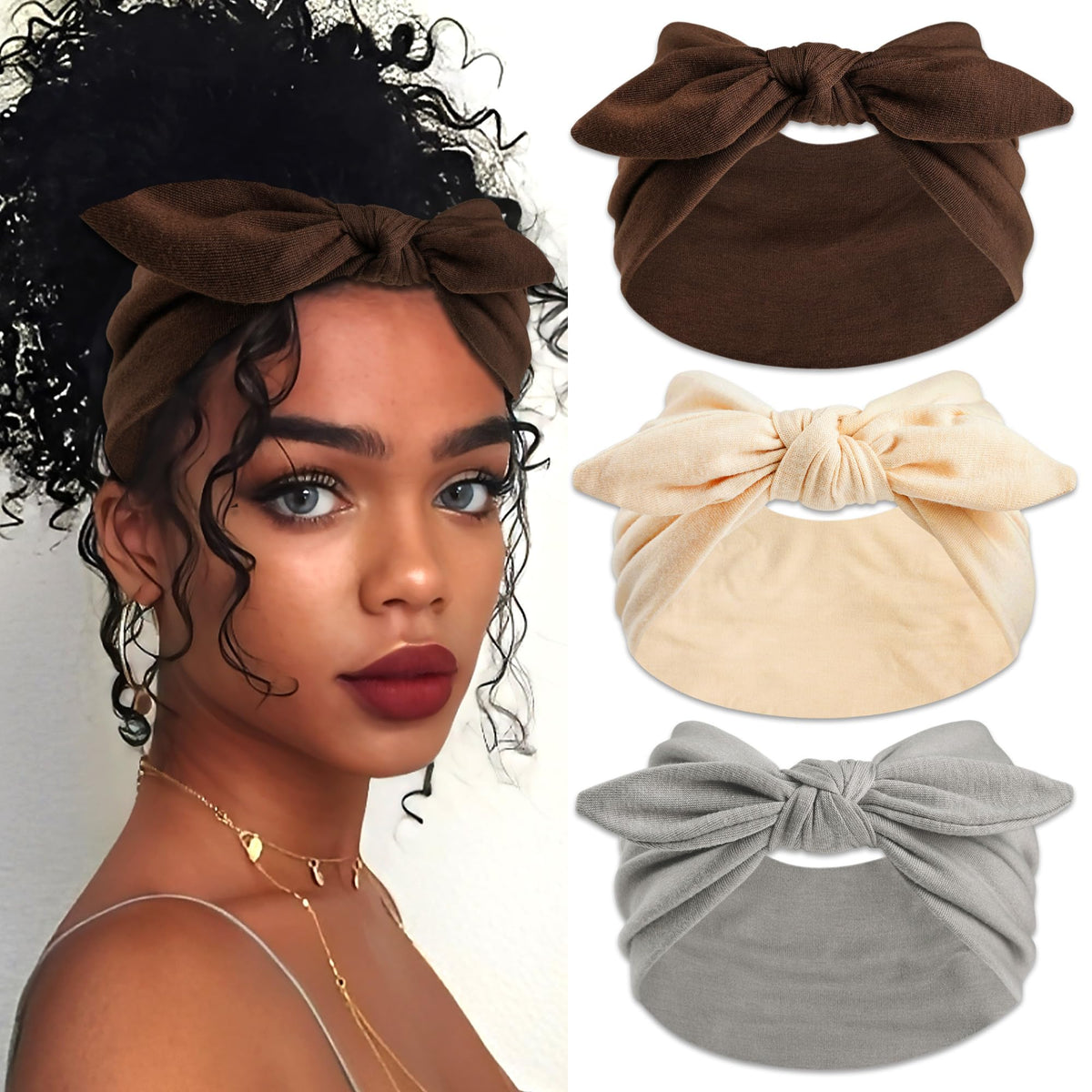 3Pack Black Bow Headbands for Women Boho Wide Head Bands for Women's Hair Valentines Non Slip Elastic Hair Bands Soft Headwraps Workout Yoga Turban Hair Accessories