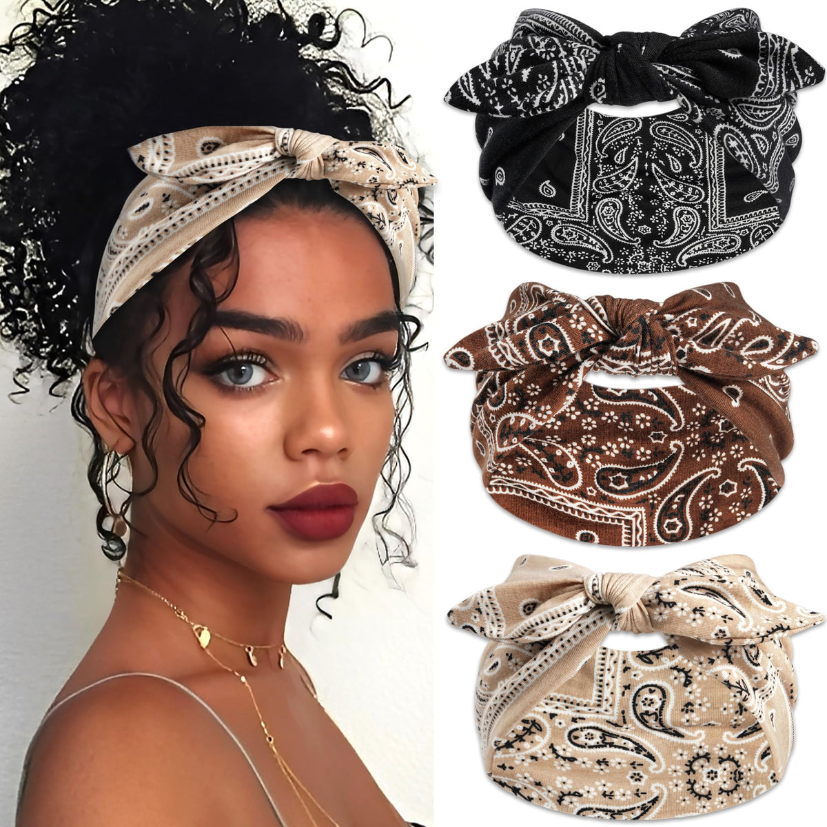 3Pack Black Bow Headbands for Women Boho Wide Head Bands for Women's Hair Valentines Non Slip Elastic Hair Bands Soft Headwraps Workout Yoga Turban Hair Accessories