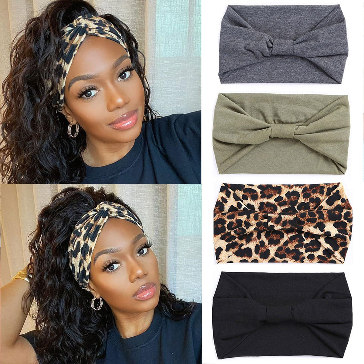XTREND 4 Packs Wide Headband Fashion Headscarf Bohemian Style Elastic Knotted Non-slip Headband Suitable For Black Women Outdoor Yoga Sports Printed Hair Accessories