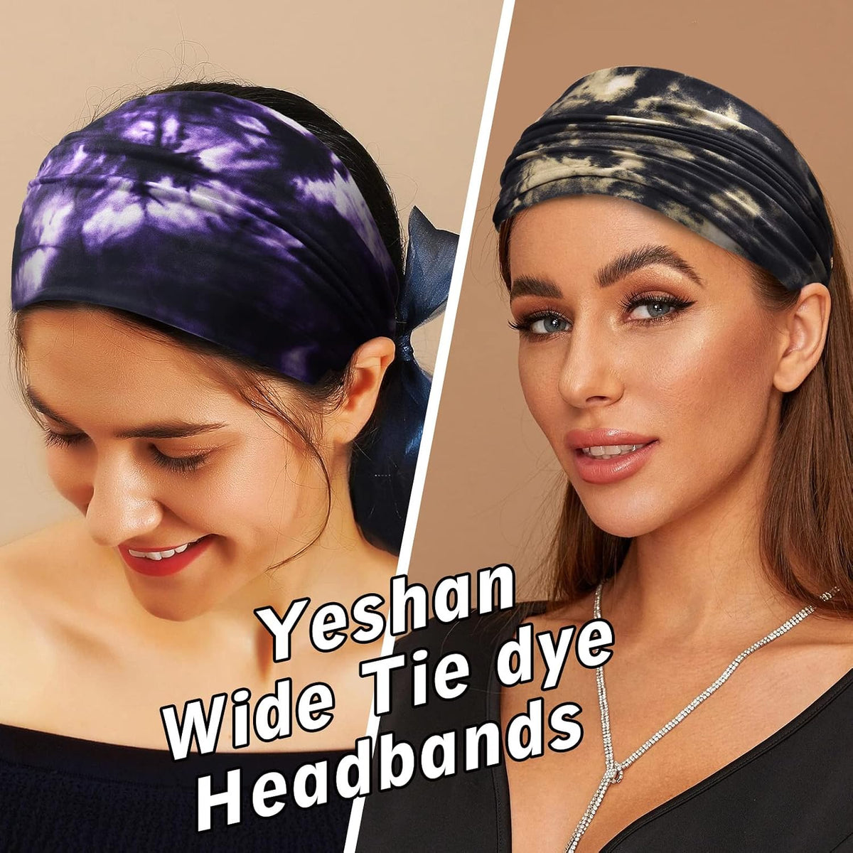 Yeshan Wide Headbands for Women Non Slip Boho Headband Elastic Tie dye Yoga Workout Sweat Bands Running Sport Hair bands,Pack of 6