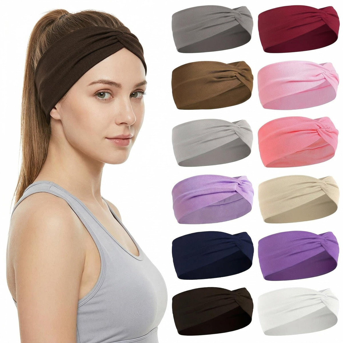 12 Pcs Stretchy Sport Headbands for Women,Absorbed Sport Headband Soft Twist Knotted Headbands for Yoga, Workout Daily Life