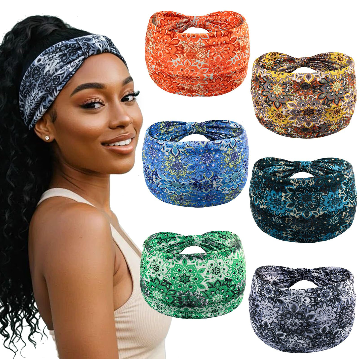 Yeshan Wide Headbands for Women Non Slip Boho Headband Elastic Tie dye Yoga Workout Sweat Bands Running Sport Hair bands,Pack of 6