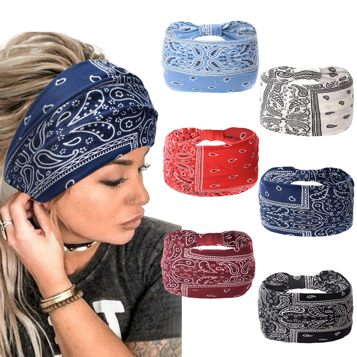 Yeshan Wide Headbands for Women Non Slip Boho Headband Elastic Tie dye Yoga Workout Sweat Bands Running Sport Hair bands,Pack of 6