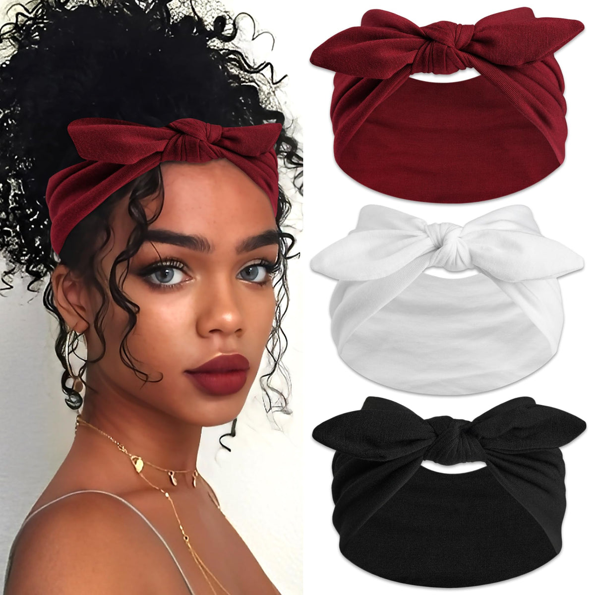 3Pack Black Bow Headbands for Women Boho Wide Head Bands for Women's Hair Valentines Non Slip Elastic Hair Bands Soft Headwraps Workout Yoga Turban Hair Accessories