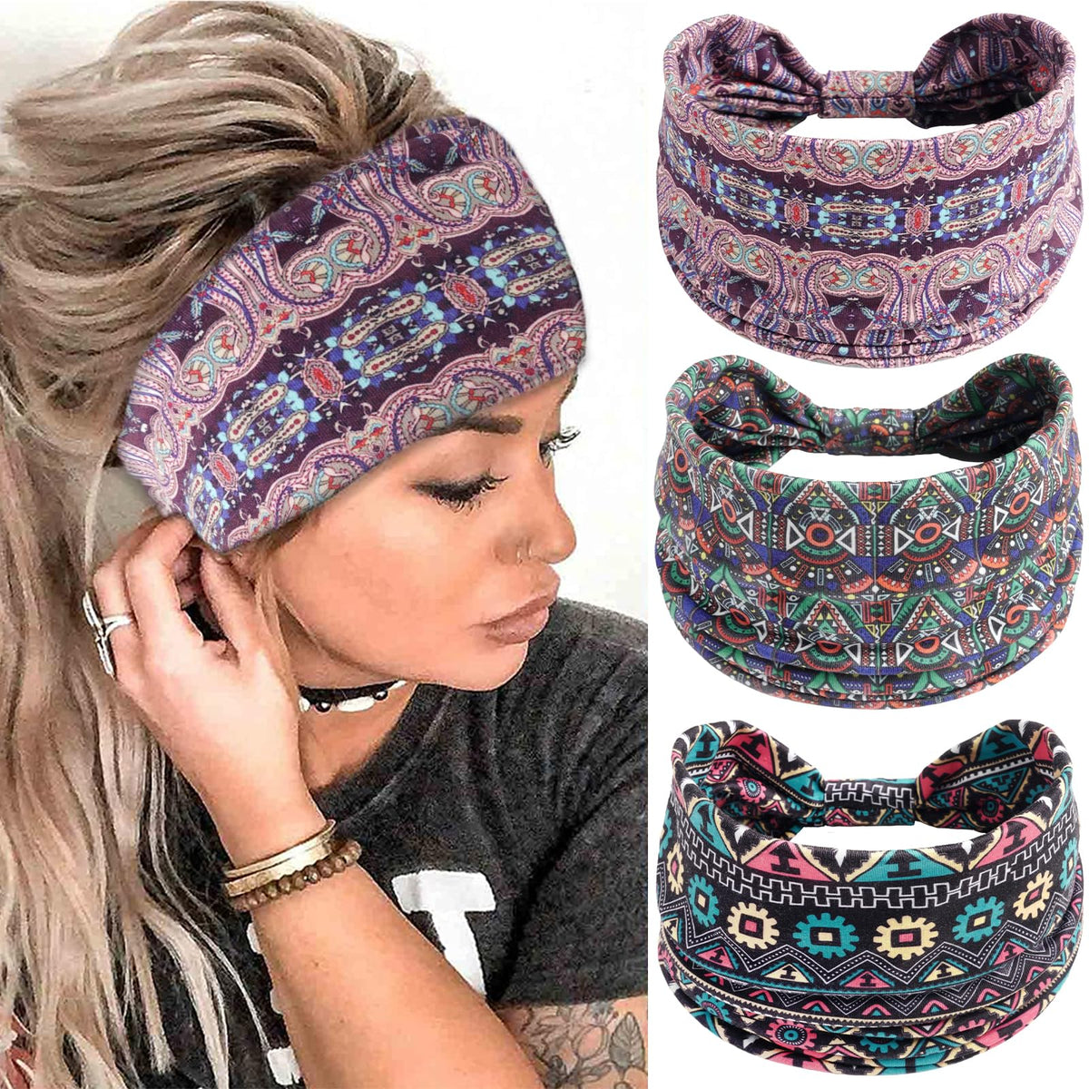 3Pack Black Bow Headbands for Women Boho Wide Head Bands for Women's Hair Valentines Non Slip Elastic Hair Bands Soft Headwraps Workout Yoga Turban Hair Accessories