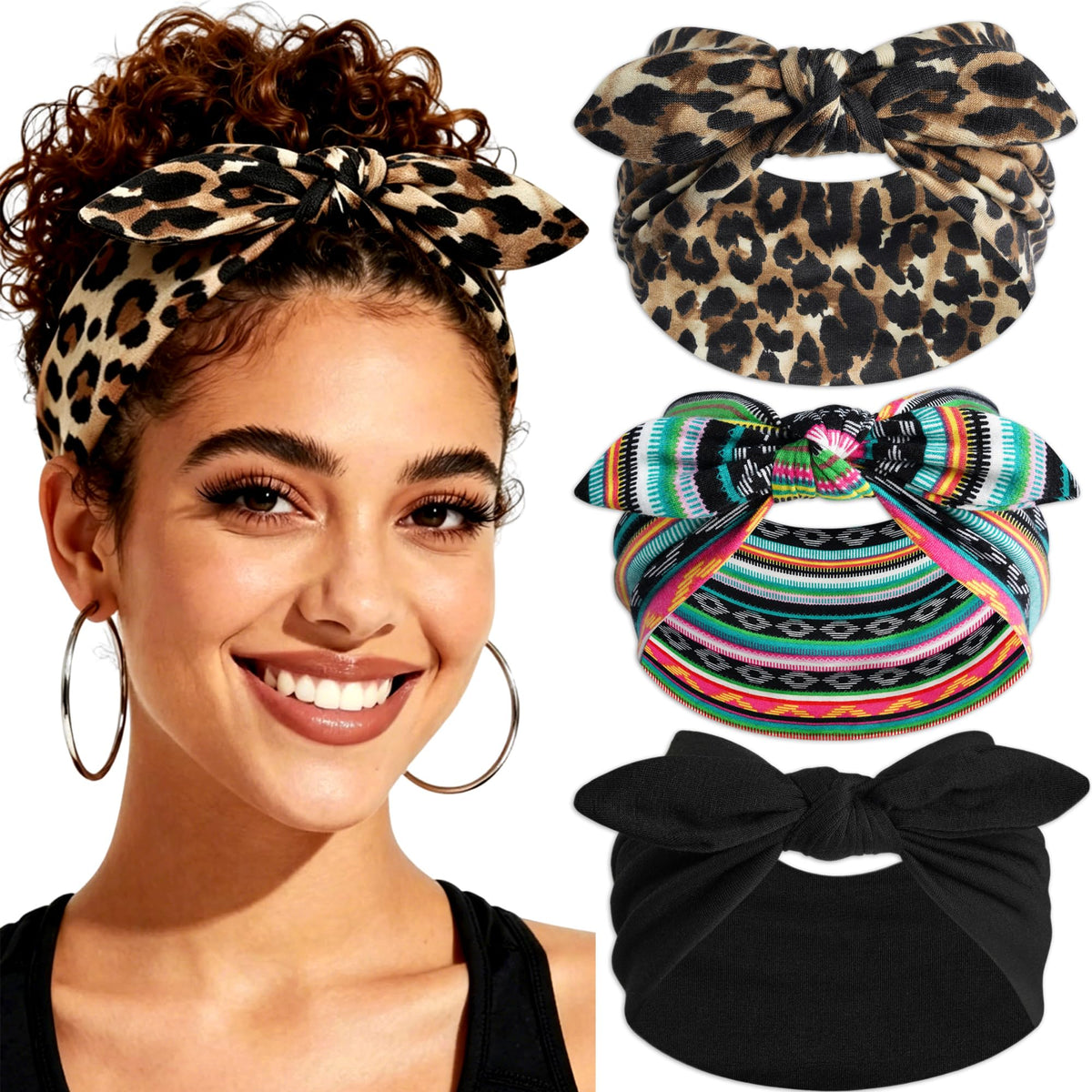 3Pack Black Bow Headbands for Women Boho Wide Head Bands for Women's Hair Valentines Non Slip Elastic Hair Bands Soft Headwraps Workout Yoga Turban Hair Accessories