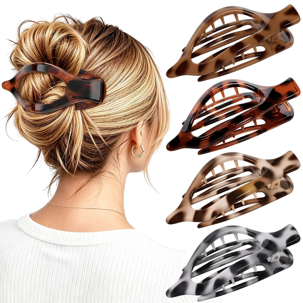 4 PCS Large Flat Hair Clips for Women Girls, French Concord Lay Down Claw Clips for Thick Thin Hair, Comfortable Curved Flat Clip, Leopard Print Stylish Strong Hold Hair Accessories, Tortoise