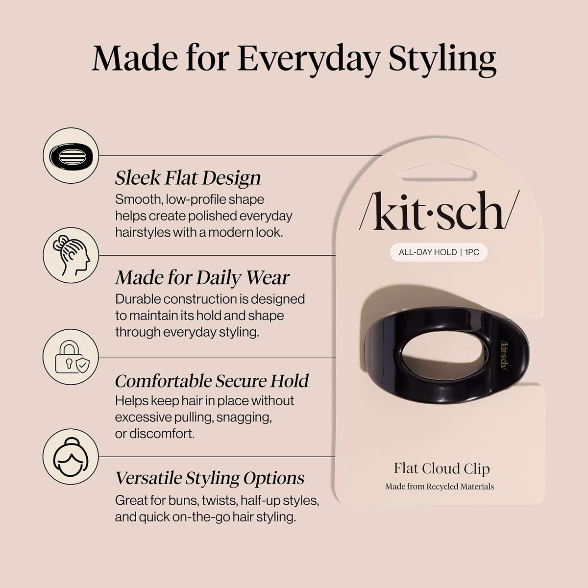 Kitsch Small Flat Claw Clip for Women - Black, 1pc