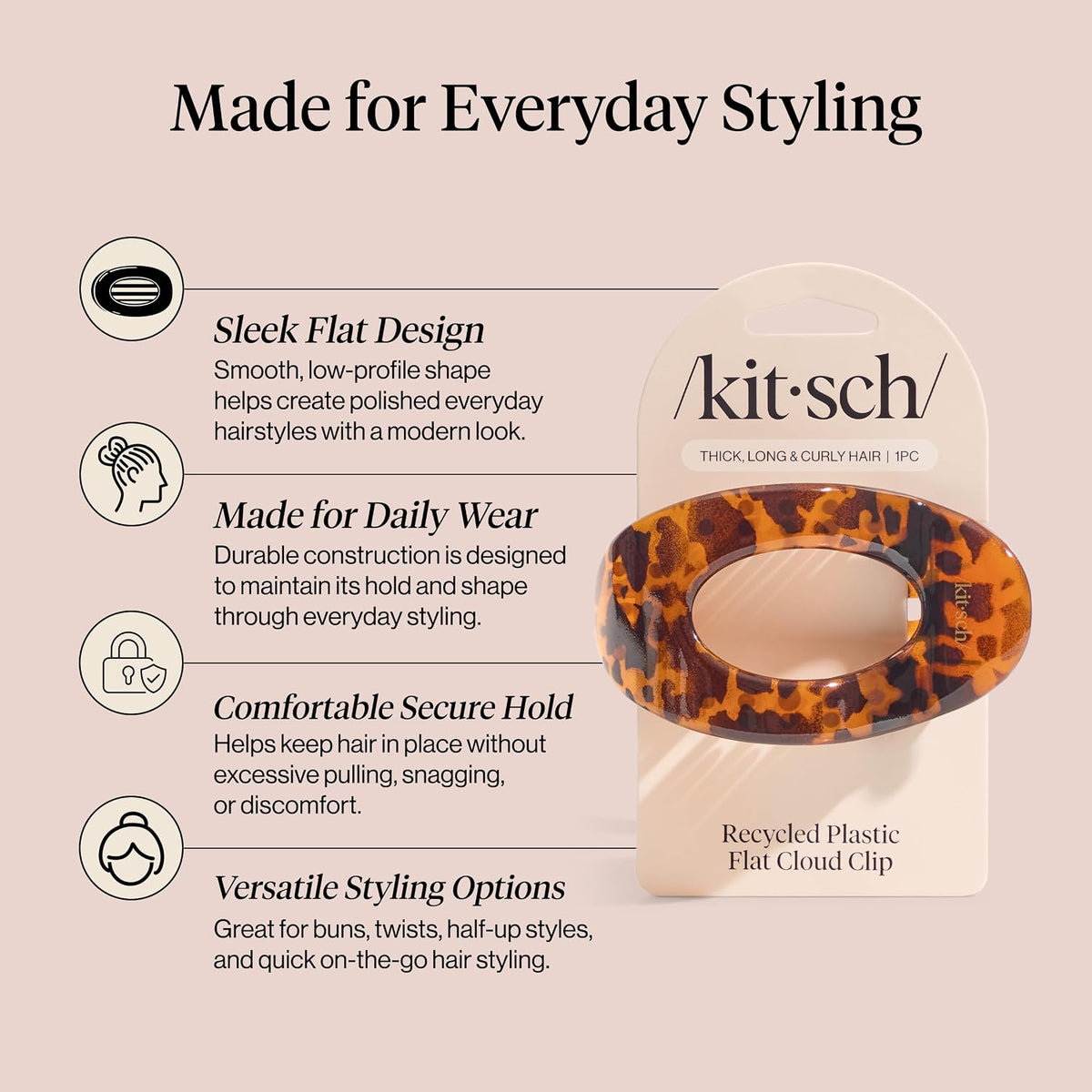 Kitsch Large Flat Claw Clip for Women - Tortoise, 1pc