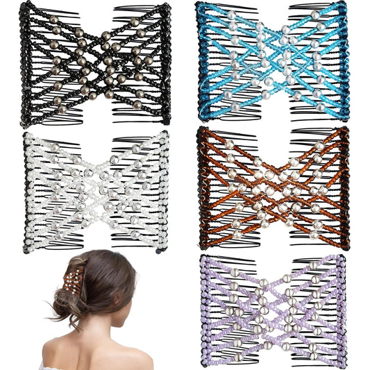 5 Pieces Magic Hair Comb Stretchy Double Comb Elastic Beaded Hair Clips for Women Girls Vintage Hairstyle Multipurpose Hair Accessories