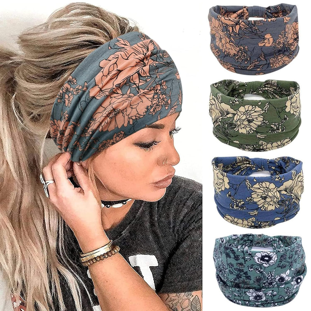 YONUF Wide Headbands for Women, 4 Pack Boho Knotted Head Bands Daily Wear