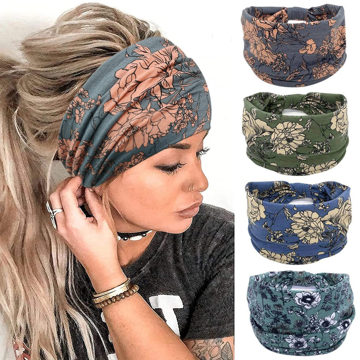 YONUF Wide Headbands for Women, 4 Pack Boho Knotted Head Bands Daily Wear