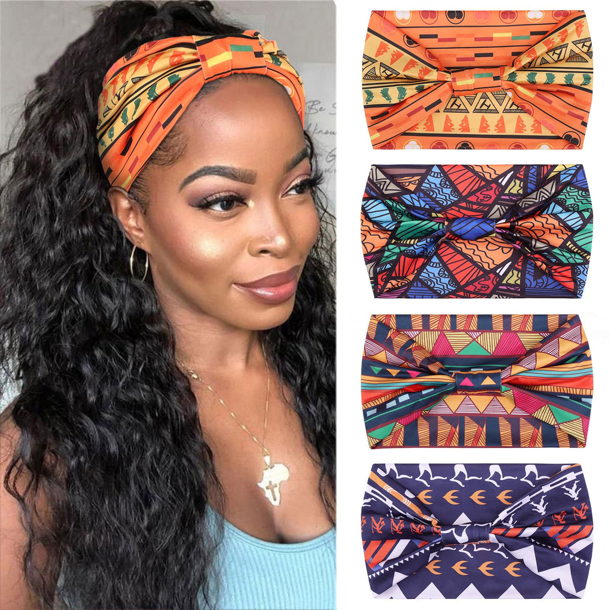 XTREND 4 Packs Wide Headband Fashion Headscarf Bohemian Style Elastic Knotted Non-slip Headband Suitable For Black Women Outdoor Yoga Sports Printed Hair Accessories