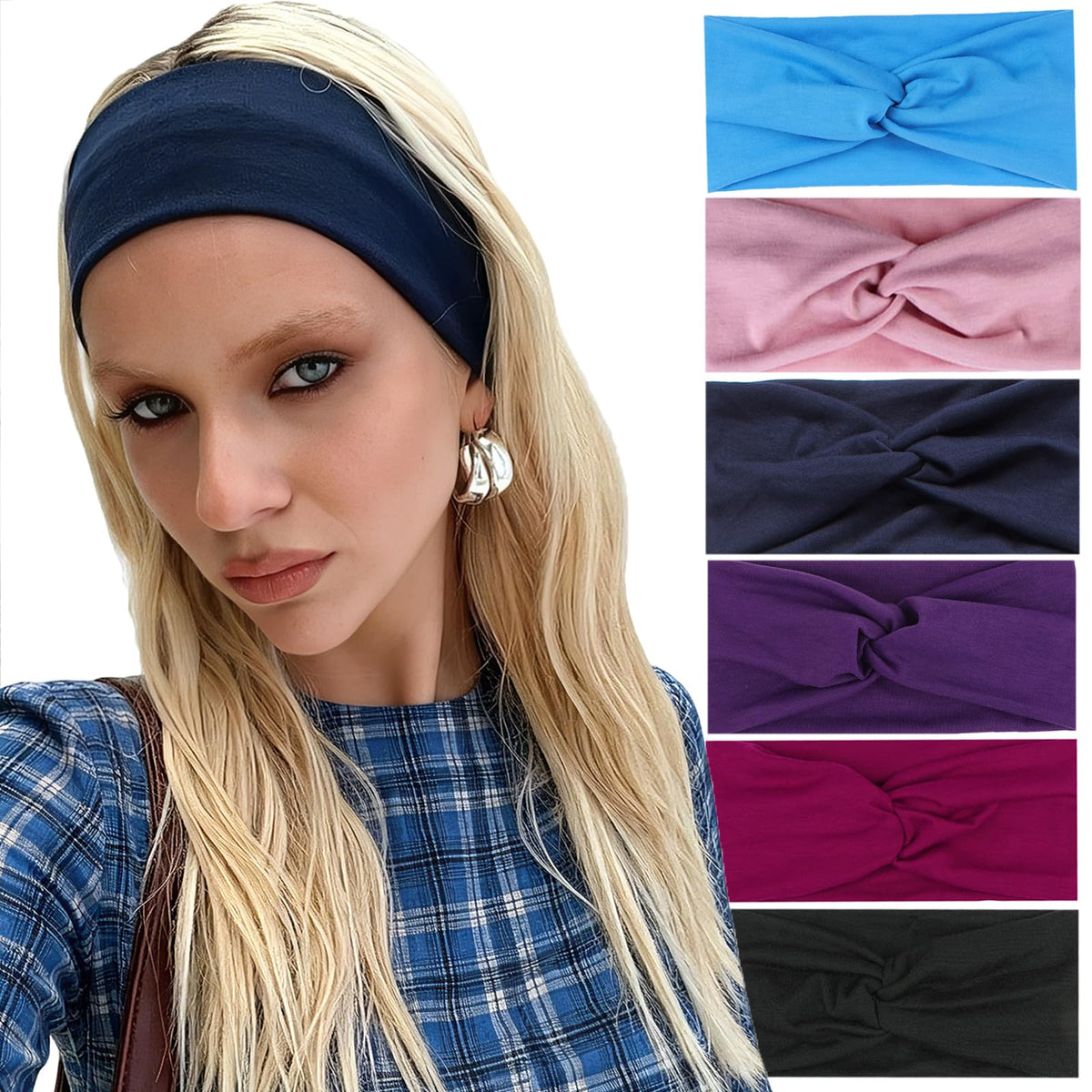 XTREND 6 Pcs Headbands for Women Twisted Cross Elastic Head Bands Yoga Workout Headband Non-Slip Sweat Soft Headbands Solid Color Simple Versatile Hair Accessory Hairbands