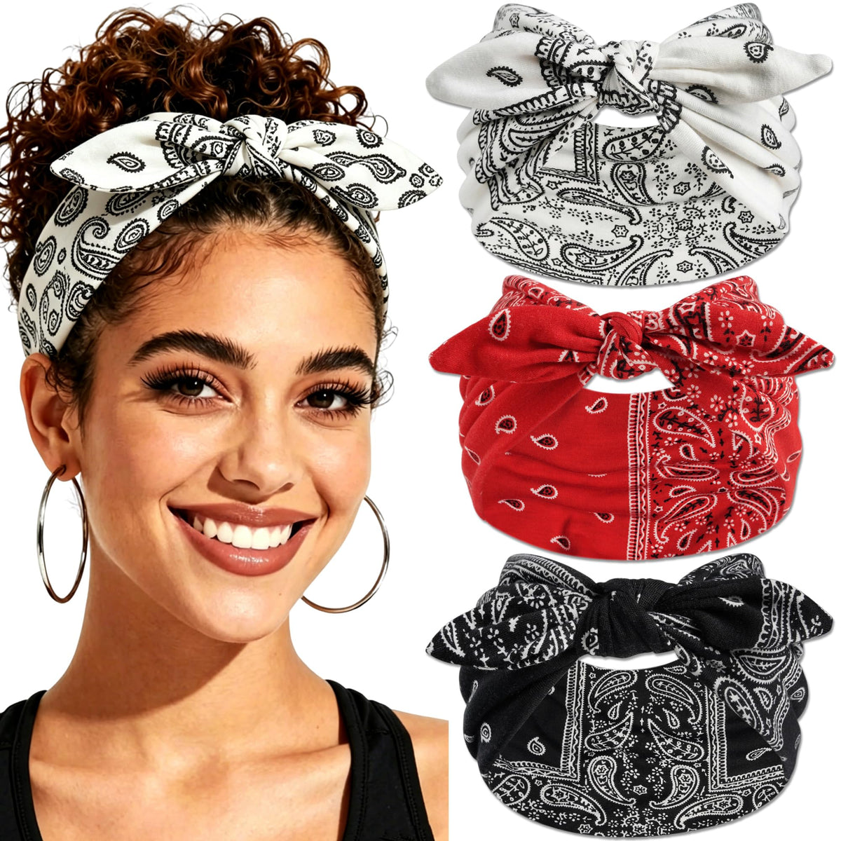 3Pack Black Bow Headbands for Women Boho Wide Head Bands for Women's Hair Valentines Non Slip Elastic Hair Bands Soft Headwraps Workout Yoga Turban Hair Accessories