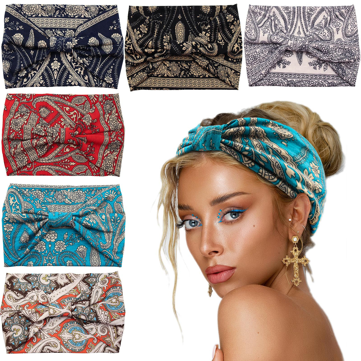 Yeshan Wide Headbands for Women Non Slip Boho Headband Elastic Tie dye Yoga Workout Sweat Bands Running Sport Hair bands,Pack of 6