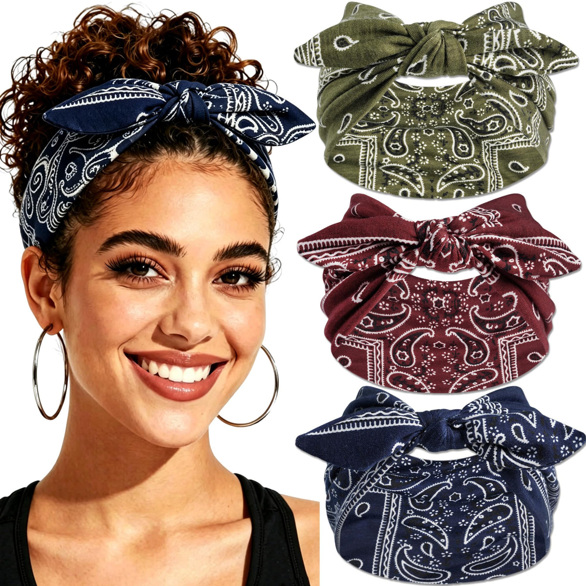 3Pack Black Bow Headbands for Women Boho Wide Head Bands for Women's Hair Valentines Non Slip Elastic Hair Bands Soft Headwraps Workout Yoga Turban Hair Accessories