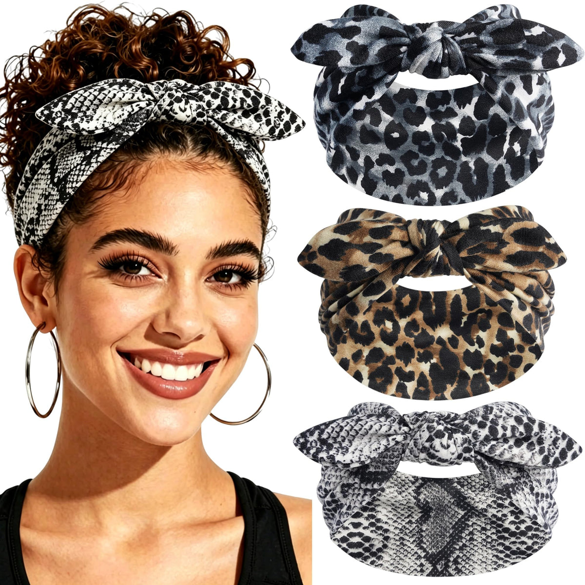 3Pack Black Bow Headbands for Women Boho Wide Head Bands for Women's Hair Valentines Non Slip Elastic Hair Bands Soft Headwraps Workout Yoga Turban Hair Accessories