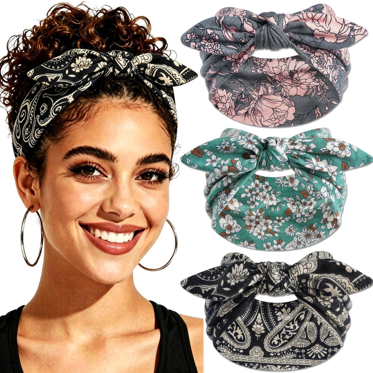3Pack Black Bow Headbands for Women Boho Wide Head Bands for Women's Hair Valentines Non Slip Elastic Hair Bands Soft Headwraps Workout Yoga Turban Hair Accessories